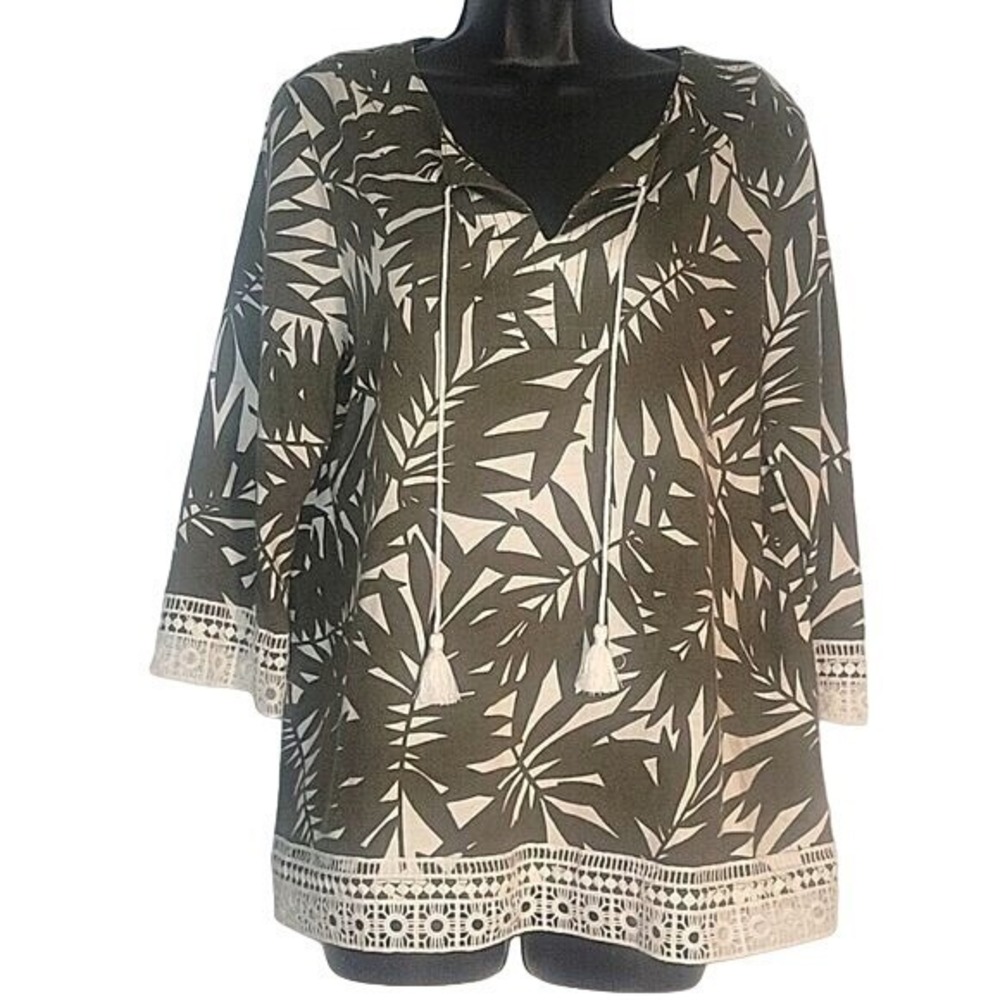 Talbots Petites Olive Green Tropical Palm Leaf Tunic Top Crochet Trim LP‎